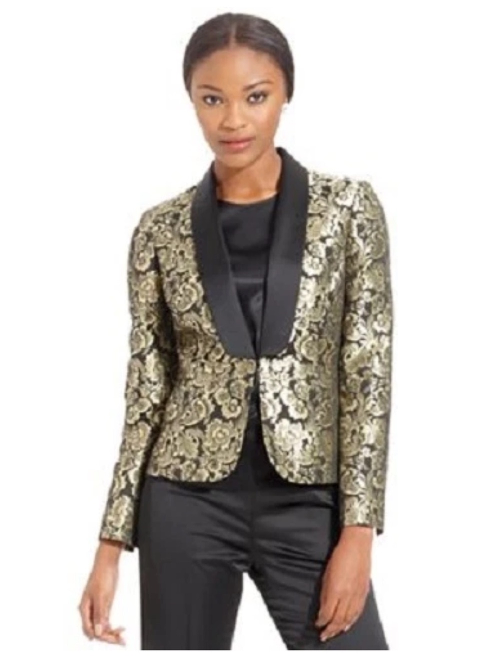 Nipon Boutique Golden Brocade Tuxedo Jacket   Blazer Metallic Floral Jacquard 14